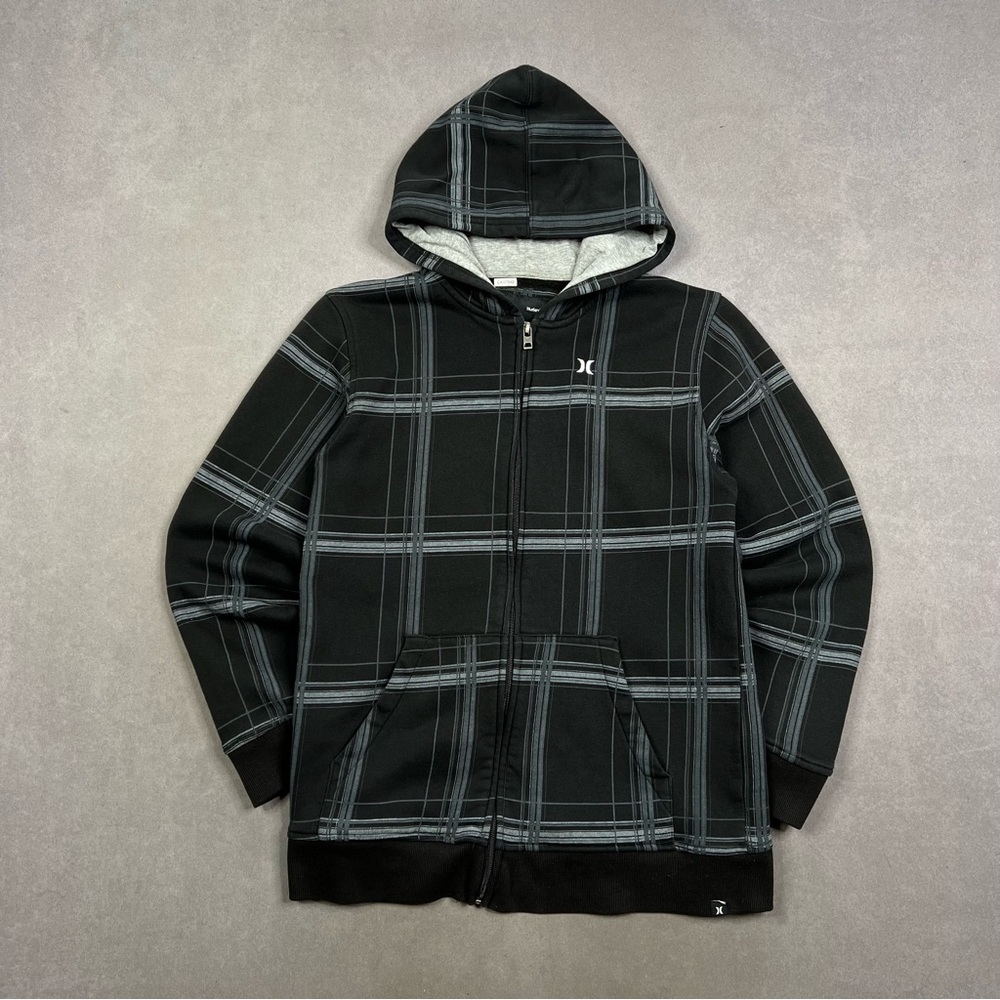 Hurley Black and Gray Zip Up Sweater Y2K